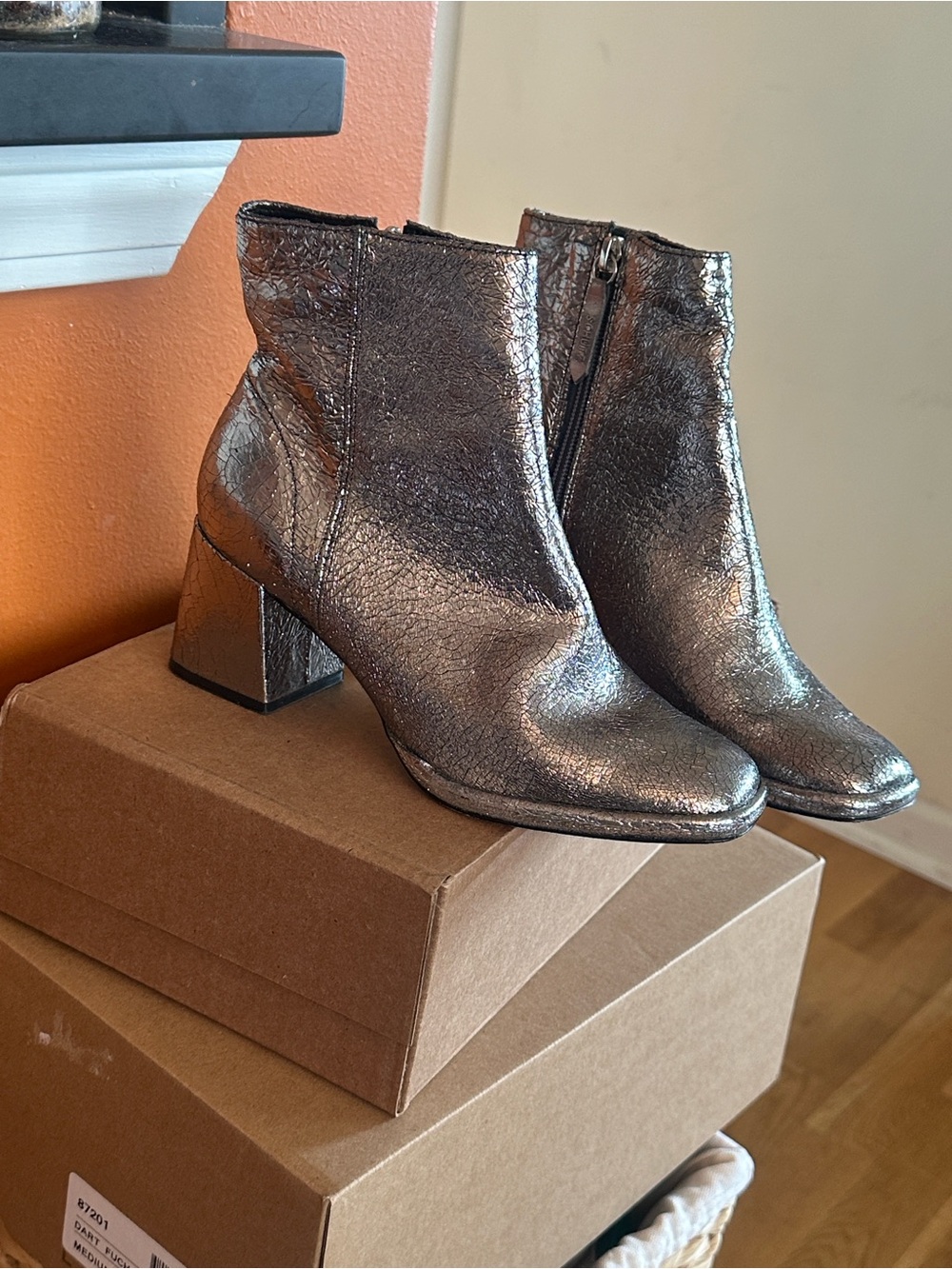 SCHUTZ Metallic Bronze Block Heel Ankle Booties